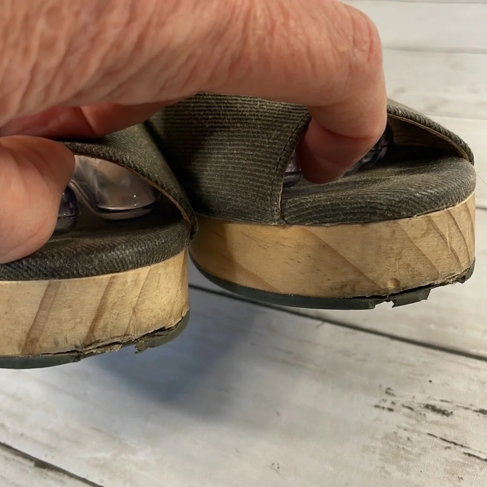 Kelsi Dagger Brooklyn Gray Denim Wooden Platform Heel Sandals